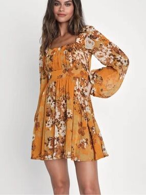 Lulus Gorgeous Vibe Yellow Floral Print Babydoll Mini Dress Size XL